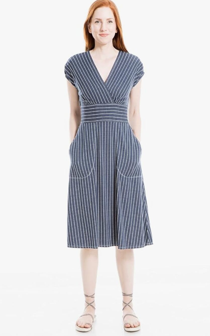 Max Studio Womens S Blue White Stripe Surplice Midi Dress Coastal Chic NWT